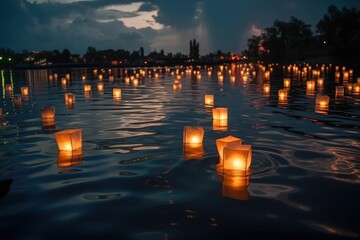 Paper lanterns floating on water in night. Generative AI.