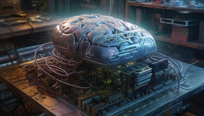 Cyber human brain in neurons and circuit boards connected to a super quantum computer to create artificial intelligence. Created using generative AI.