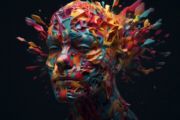 Explosive Mind: Abstract 3D Illustration of Bursting Human Head