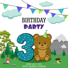 Birthday invitation with a little lion cub. Three years.