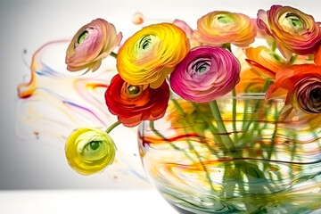 Colorful ranunculus flowers bouquet in a glass vase on light background, psychedelic movement effect. Generative AI.