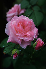 Pink roses in water drops
