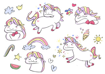 set of cutest unicorn cartoon crayon style © Proongnee