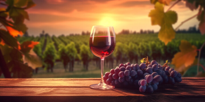 Sonnenuntergang im Weinberg, ein Glas Rotwein mit Reben, generative AI