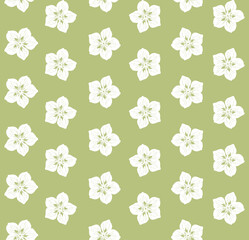 Jasmine. Seamless pattern with white silhouettes of jasmine flowers isolated on a green background. Vector illustration for print, wallpapers, fabrics, wrapping paper, postcards.