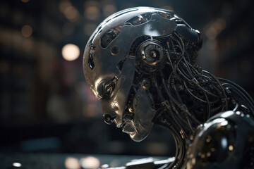 Close-Up of Contemplative AI Robot with Blurred Computer Screens in Background