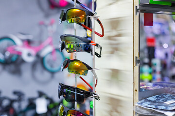 Sunglasses on display in a shop, closeup of photo
