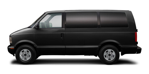 Small passenger classic minibus in black color, isolated on a white background.