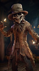 Obraz premium portrait of old Terrible scarecrow in dark cloak and dirty hat stands. Halloween concept. Generative Ai.