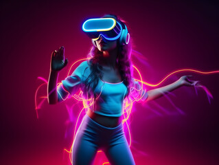 Young woman with VR headset, dancing and experiencing virtual reality, metaverse and fantasy world.