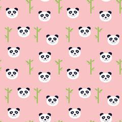 Cute cartoon panda with bamboo on pink background.  seamless pattern. Doodle kids design. Vector illustration.