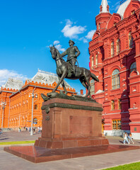 Fototapeta na wymiar Monument to Marshal Zhukov at Historical museum on Manezhnaya Square, Moscow, Russia