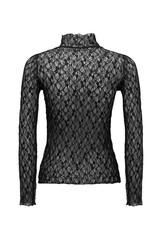 Close-up shot of a black lace long-sleeve turtleneck. Translucent women's turtleneck is isolated on a white background. Back view.