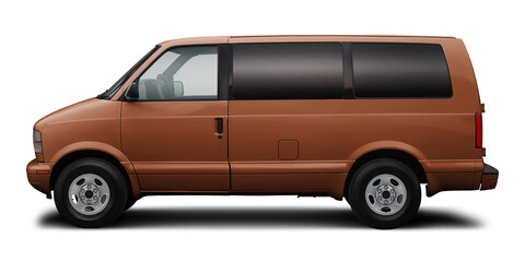 Small passenger classic minibus in brown color, isolated on a white background.