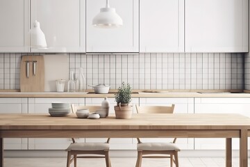 Fototapeta na wymiar Minimalist Scandinavian Kitchen Room Interior Design with Small Blank Poster Mock-up, Generative AI