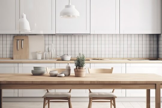 Minimalist Scandinavian Kitchen Room Interior Design with Small Blank Poster Mock-up, Generative AI