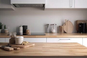 Fototapeta na wymiar Minimalist Scandinavian Kitchen Room Interior Design with Small Blank Poster Mock-up, Generative AI