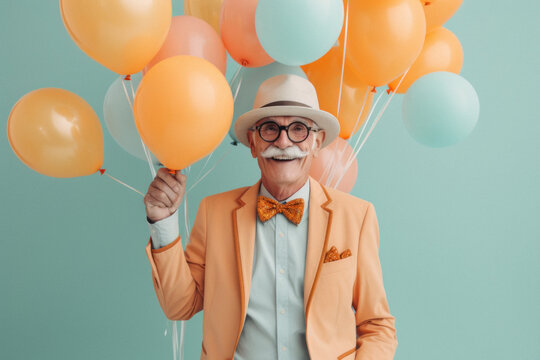 Grandfather Birthday Party, Elderly People Celebrating And Having Fun With Birthday Cake, Balloons And Confetti. Party Grandpa. Generative AI.