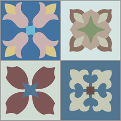 Ceramic tiles. Hydraulic ceramics with Portuguese and Spanish motifs. digital design. Different types of floral decorative ornament. Portuguese and Spanish decoration. Vector illustration.