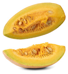 pumpkin slices, winter squash commonly used as vegetable in cooking taken in different angles, isolated