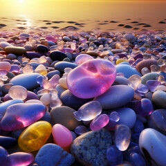 Obraz premium sea glass and stones on the seashore. colorful sea pebbles close-up.