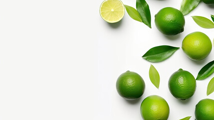 Ganze Limetten und Limettenscheiben auf weißem Hintergrund in der Draufsicht. (Generative AI)