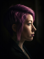 Fototapeta premium Close up of female with tattoo seen from the side with contrastful lighting gazing Generative AI