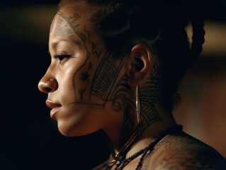 Close up of female tattooed side profile with dramatic lighting looking determined Generative AI