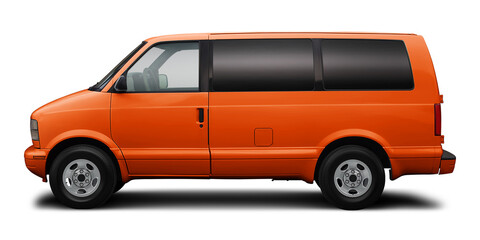 Small passenger classic minibus in orange color, isolated on a white background.