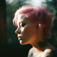 Close up of woman with face tattoo side profile with outside lighting with fierce gaze Generative AI