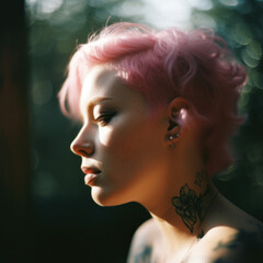 Fototapeta premium Close up of woman with face tattoo side profile with outside lighting with fierce gaze Generative AI