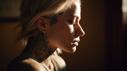 Portrait of blonde female with face tattoo side profile with golden hour lighting with fierce gaze Generative AI