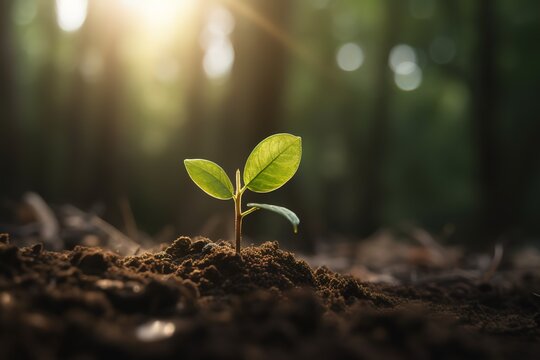 A seedling growing on a pile of coins has a natural backdrop, blurry green, money - saving ideas, and economic growth. Generative AI