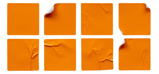 A set of orange square paper sticker label isolated on white background.