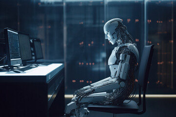 Futuristic AI Robot Lost in Thought with Computer Screens in Background