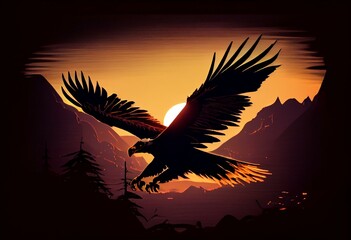 Obraz na płótnie Canvas Silhouette illustration of an eagle flying on sunrise. Generative AI