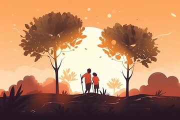 Arbor day banner Illustration of two kids planting a small tree in nature for the environment. Generative AI