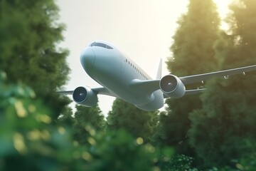 Eco - friendly air transport concept The plane flies in the sky against the background of green trees Environmental. Generative AI