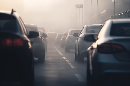 Blurred silhouettes of cars surrounded by steam from the exhaust pipes Traffic jam. Generative AI