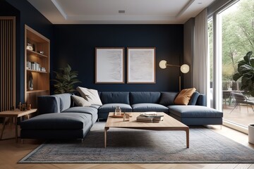 The interior of a modern living room with a dark blue sofa | Modern cosy living room and blue wall texture background interior design / 3D rendering , Generative AI.