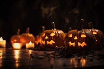 Scary pumpkin jack-o-lantern with creepy toothy smile and fiery glow inside realistic illustration. Traditional decoration, symbol of halloween holiday celebration. Generative Ai.