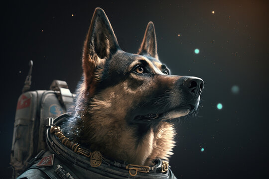 German Shepherd dog in astronaut suit. Generative AI.