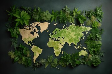 Environmentally friendly planet Poster Earth day The map of the world made from green leaves. Generative AI