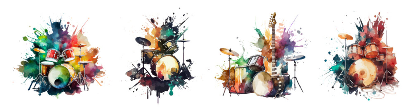 Colorful drums in watercolor style isolated on white background. Musical instrument. Drum kit watercolor illustration. Crash. Ride. Drum kit. Ideal for postcard, advertisement, book, poster, banner