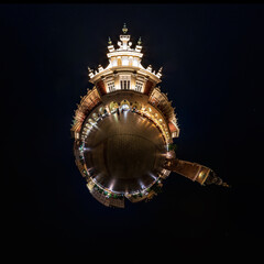 night tiny planet. Spherical aerial 360 panorama view on street ancient medieval city