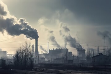 Concept of air pollution affecting humans The smoke from the pipes of the metallurgical plant pollutes the environment. Generative AI