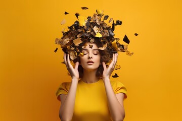 Crative collage of woman with trash head spreading hands symbolizing environmental problem isolated over yellow background. Generative AI