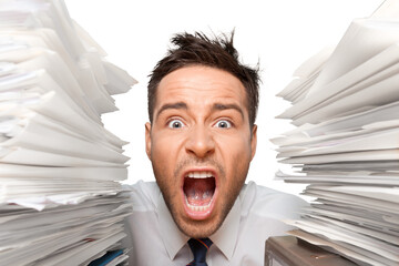 Closeup of a Shouting Businessman with Stack of Documents