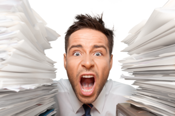 Closeup of a Shouting Businessman with Stack of Documents