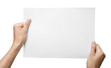 Obraz premium Hands holding blank paper isolated on white background